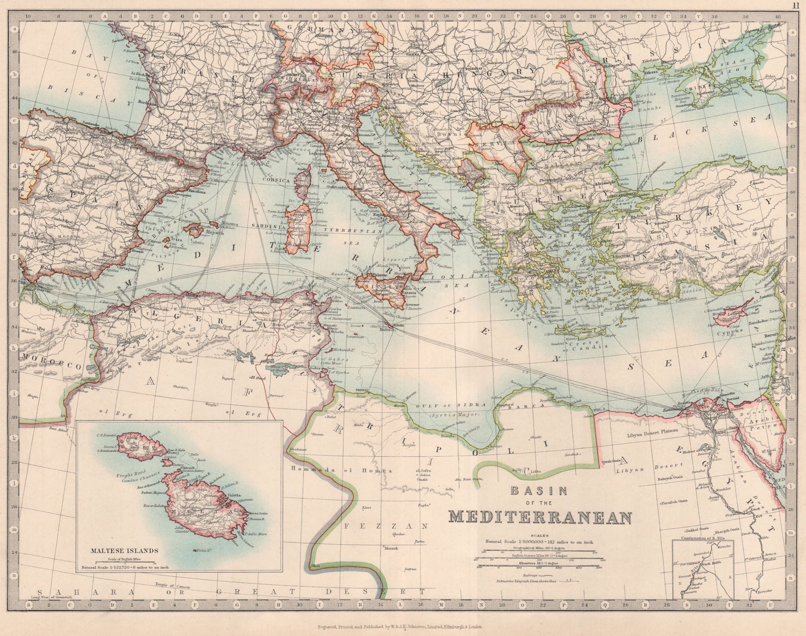 MEDITERRANEAN SEA. Submarine cables. Railways. JOHNSTON 1912 old antique map